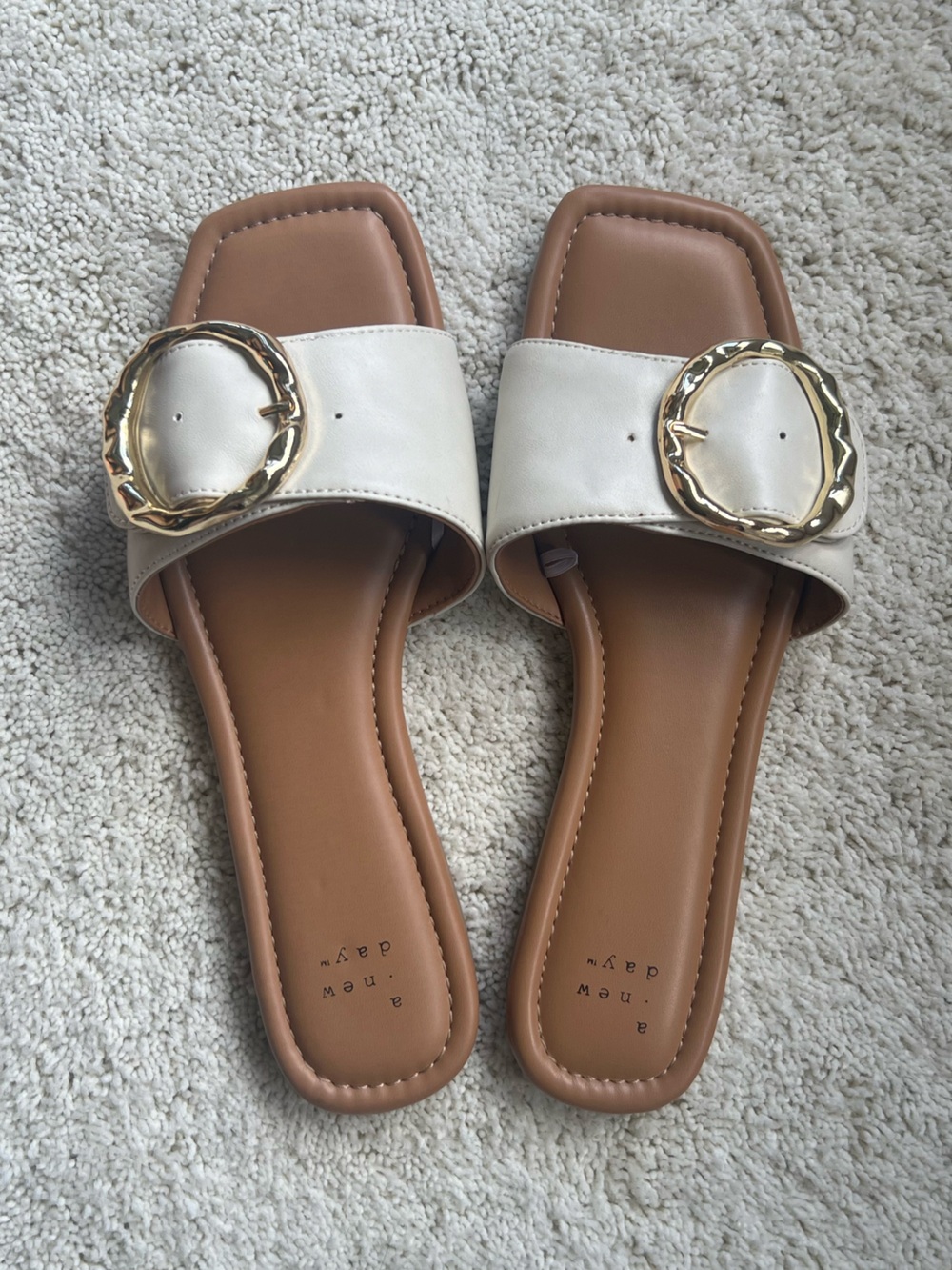 White/Cream Slide Sandals with Gold Buckle